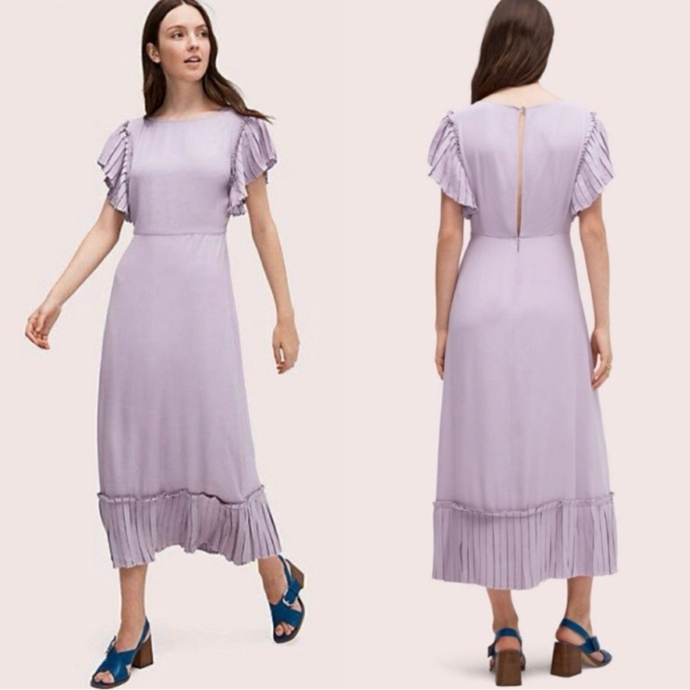 KATE SPADE New York Iced Grape Purple Pleated Ruffle Trim Crepe Midi Dress